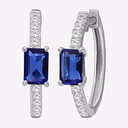 Image of Womens Emerald-cut Gemstone & 1/4 CT. T.W. Lab-Grown Diamond 10K Gold 18.6mm Hoop Earrings