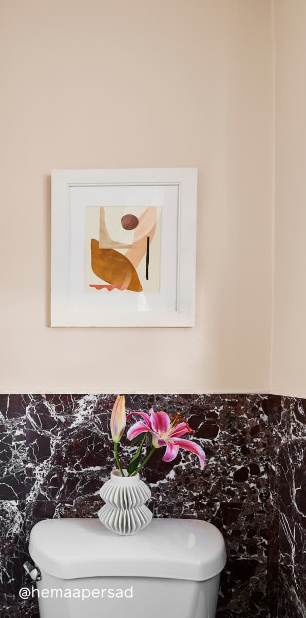 Powder room featuring barely-there pink paint color Wing It