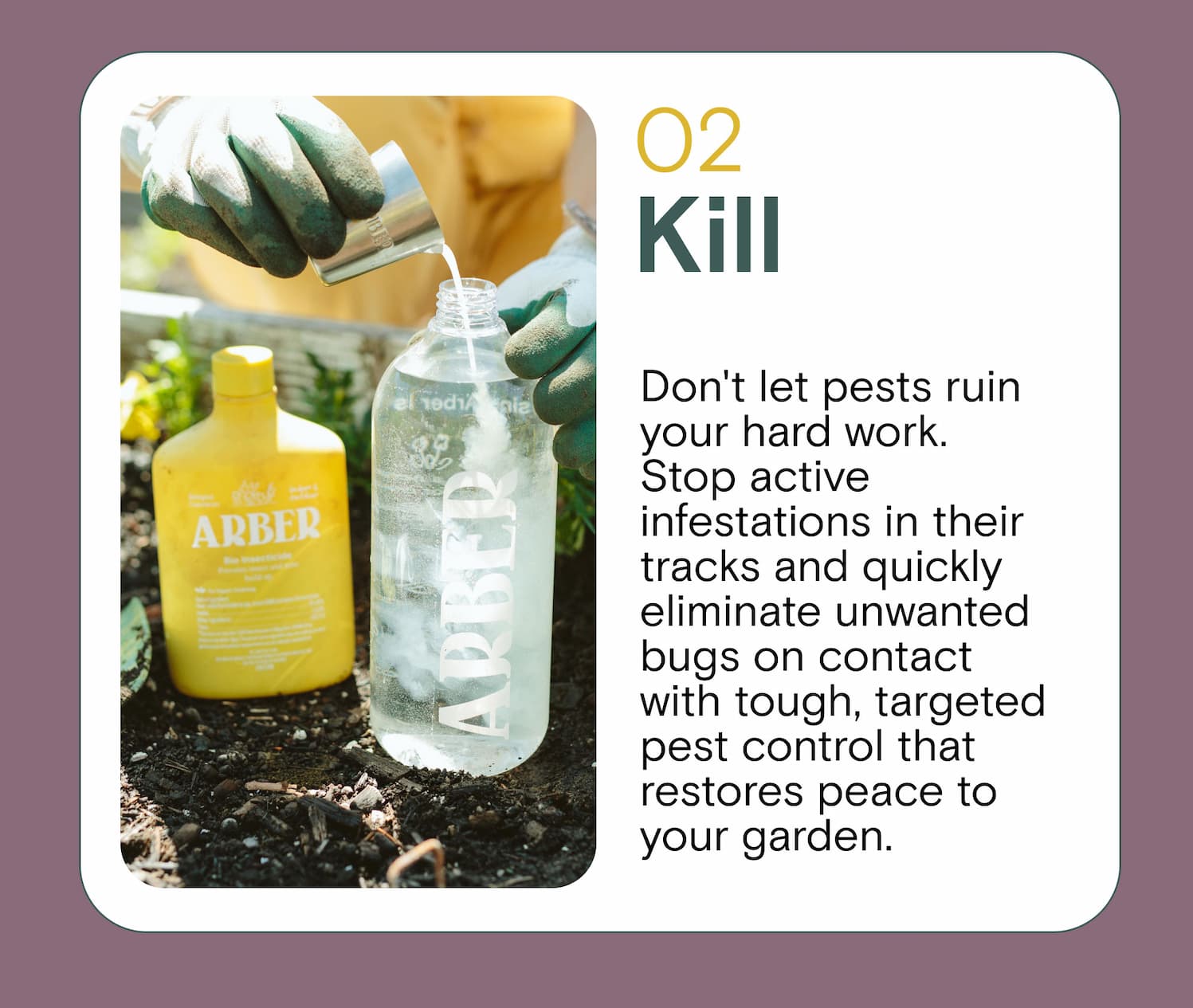 Kill Don't let pests ruin your hard work. Stop active infestations in their tracks and quickly eliminate unwanted bugs on contact with tough, targeted pest control that restores peace to your garden.