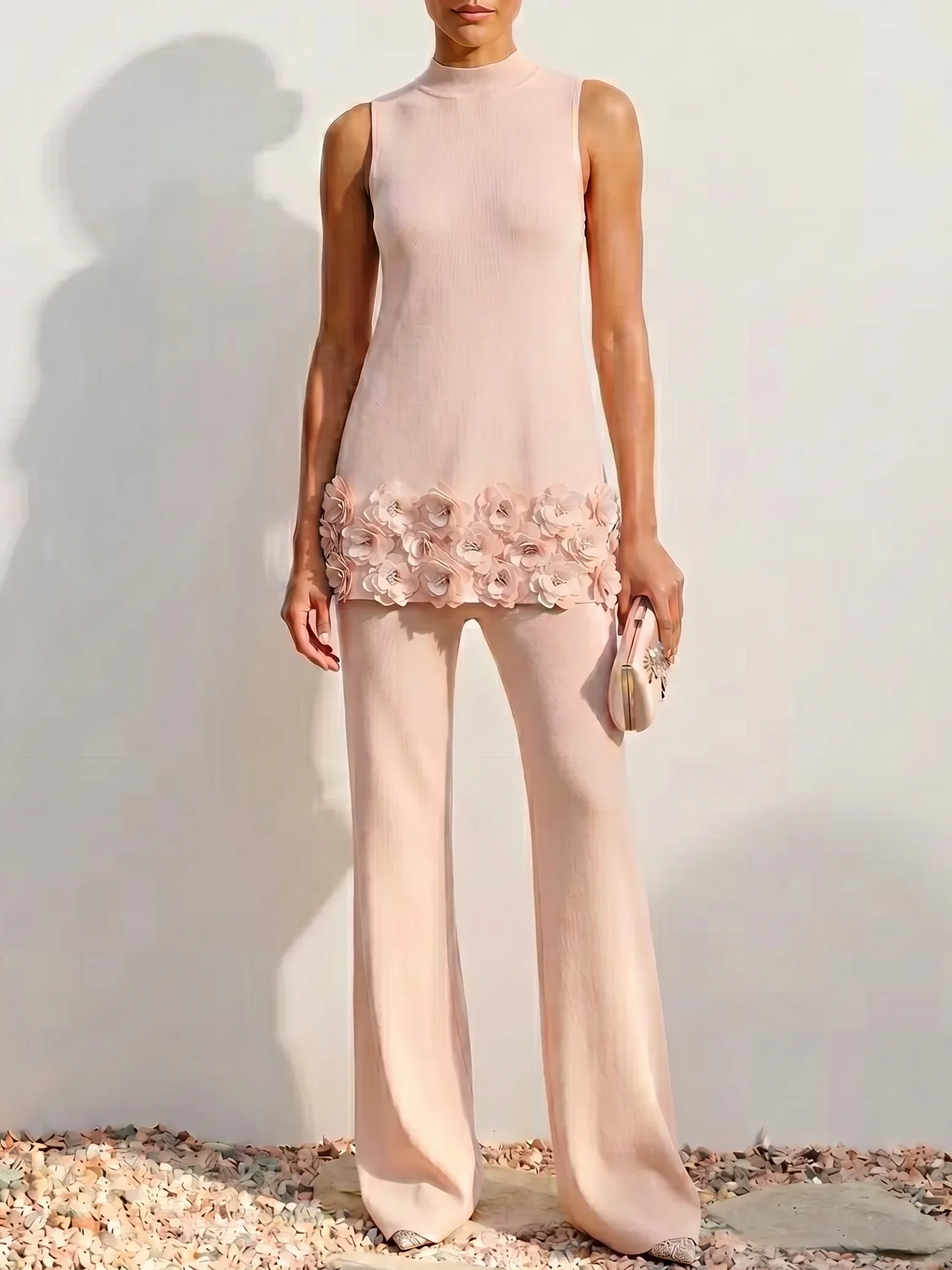 Image of Women Pink 3D Floral Lapel Collar Sleeveless Elegant Top With Pants Two-Piece Set