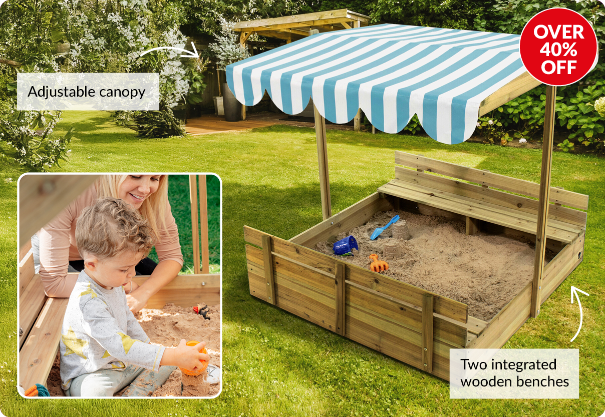 over 40% off. Adjustable canopy. Two integrated wooden benches