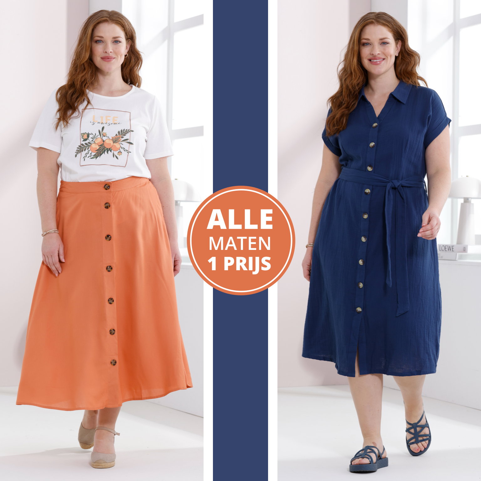 Een model draagt links een wit T-shirt met een bloemenprint en een lange oranje rok met knopen, rechts een blauw knielang overhemdjurk met riem en knopen. Opschrift Alle maten één prijs.