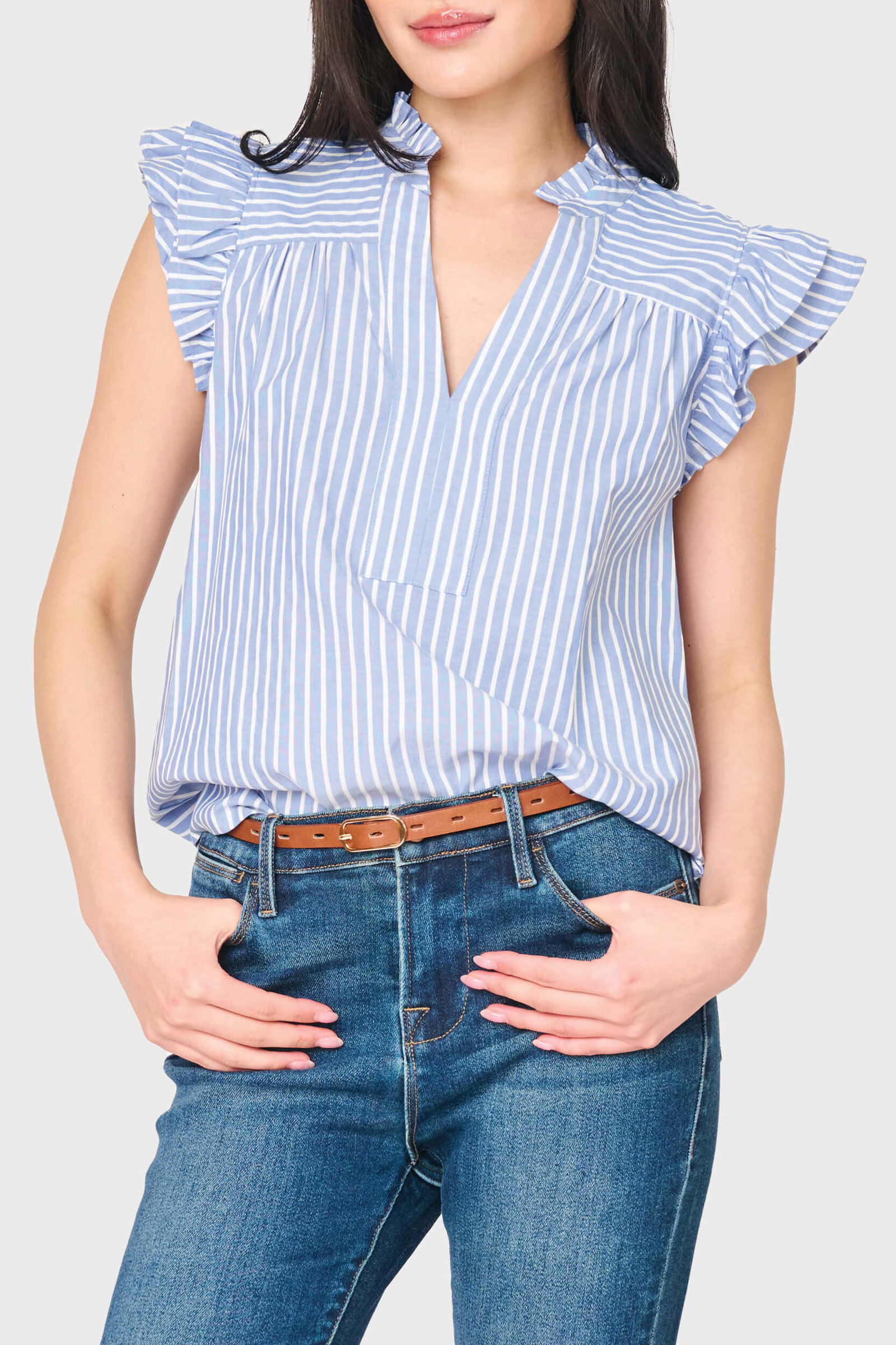 Image of Flutter Sleeve V-Neck Stripe Top