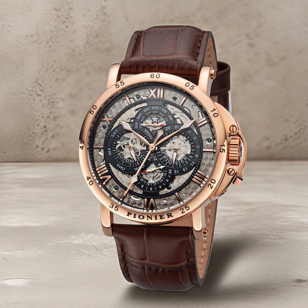 Brown leather band with rose case.