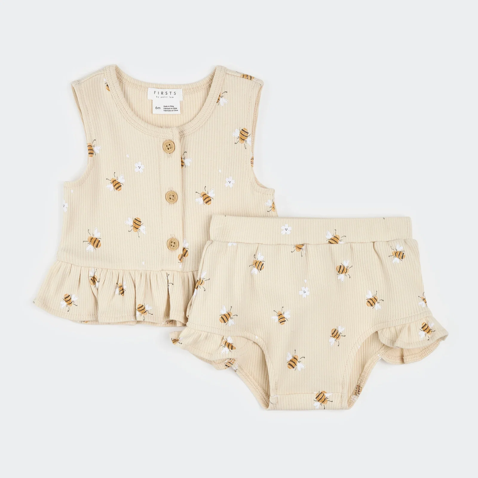 Image of Bees Print on Ivory Ribbed Short Set