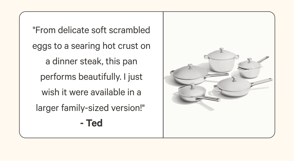 "From delicate soft scrambled eggs to a searing hot crust on a dinner steak, this pan performs beautifully. I just wish it were available in a larger family-sized version!"  - Ted