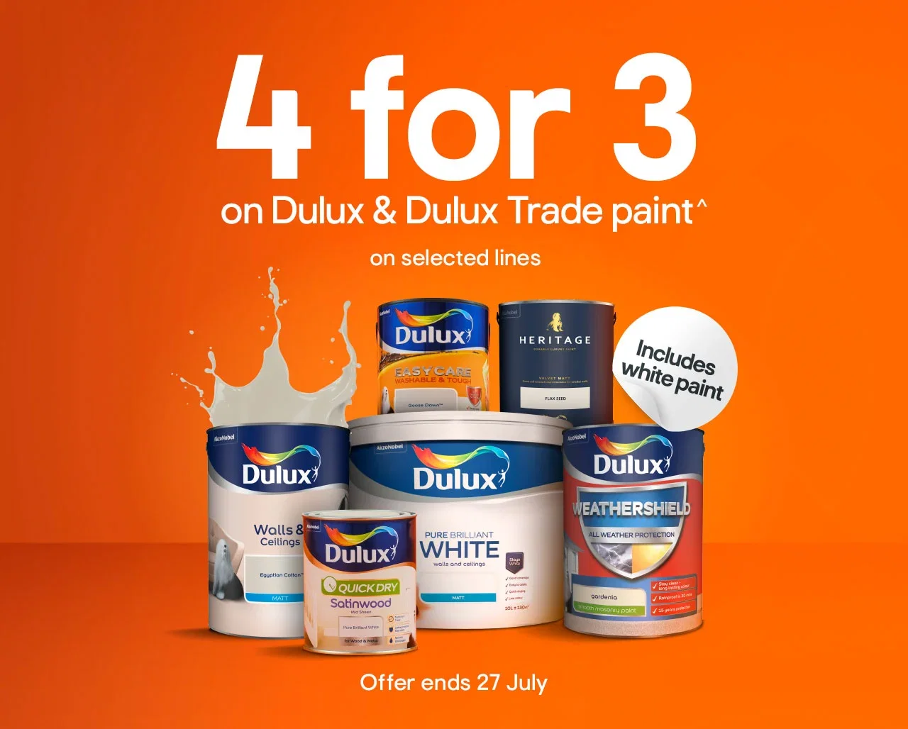 4 for 3 on Dulux & Dulux Trade paint^ on selected lines - Offer ends 27 July
