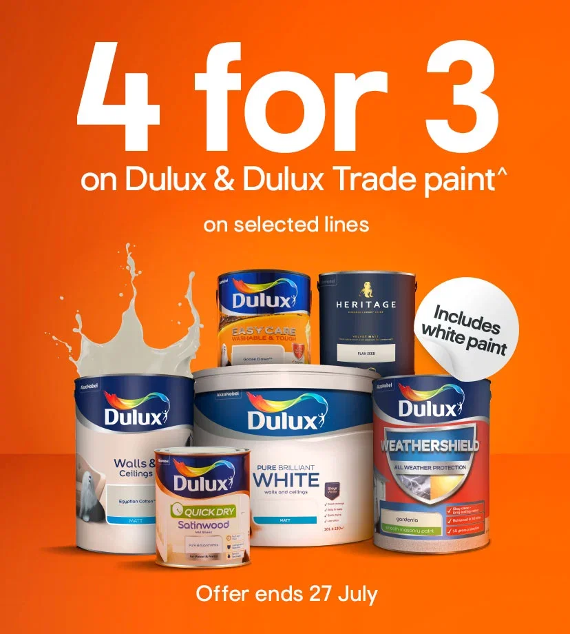 4 for 3 on Dulux & Dulux Trade paint^ on selected lines - Offer ends 27 July