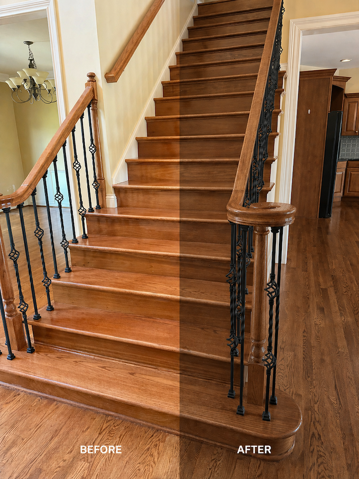 A before and after picture of Miracle Veil on orange wood toned staircase.