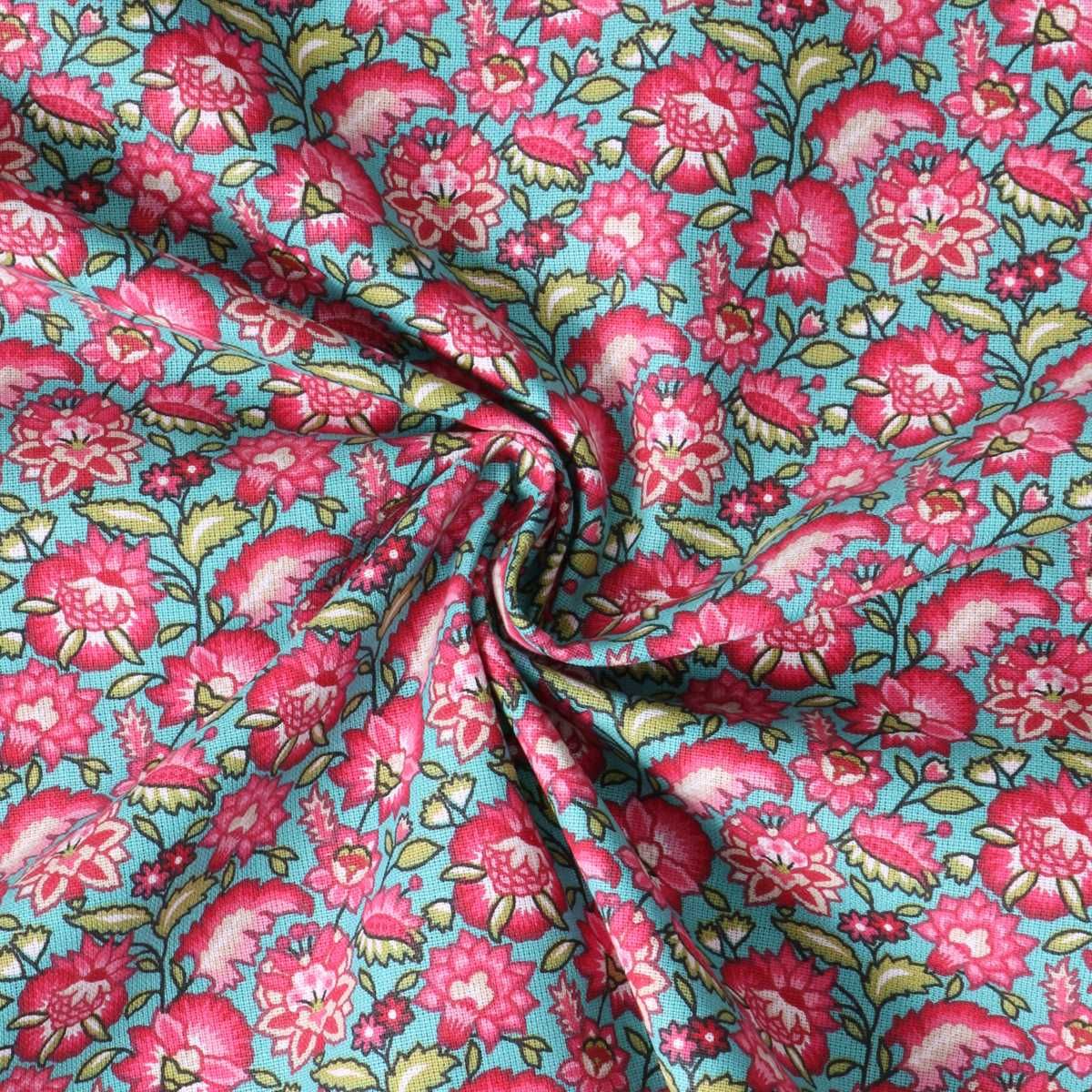 Coupon Tissu Coton imprimé Arty Mirelda fleurs vintage Roses sur fond Bleu