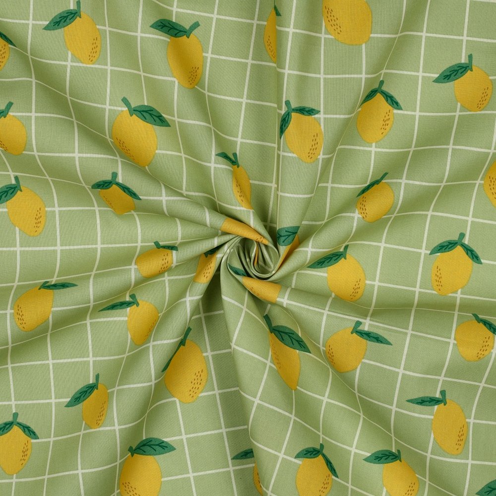 Tissu Coton enduit Poppy Citrons et carreaux sur fond Vert