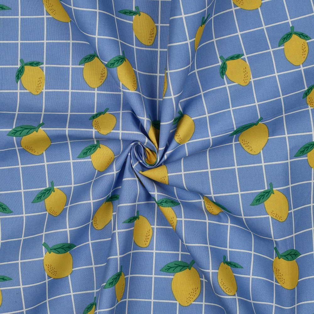 Tissu Coton enduit Poppy Citrons et carreaux sur fond Bleu
