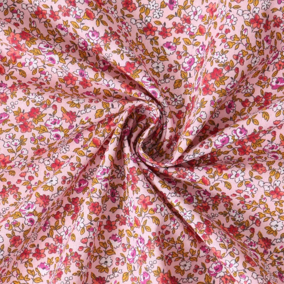 Coupon Tissu Coton imprimé Arty Léonie rouge sur fond Rose