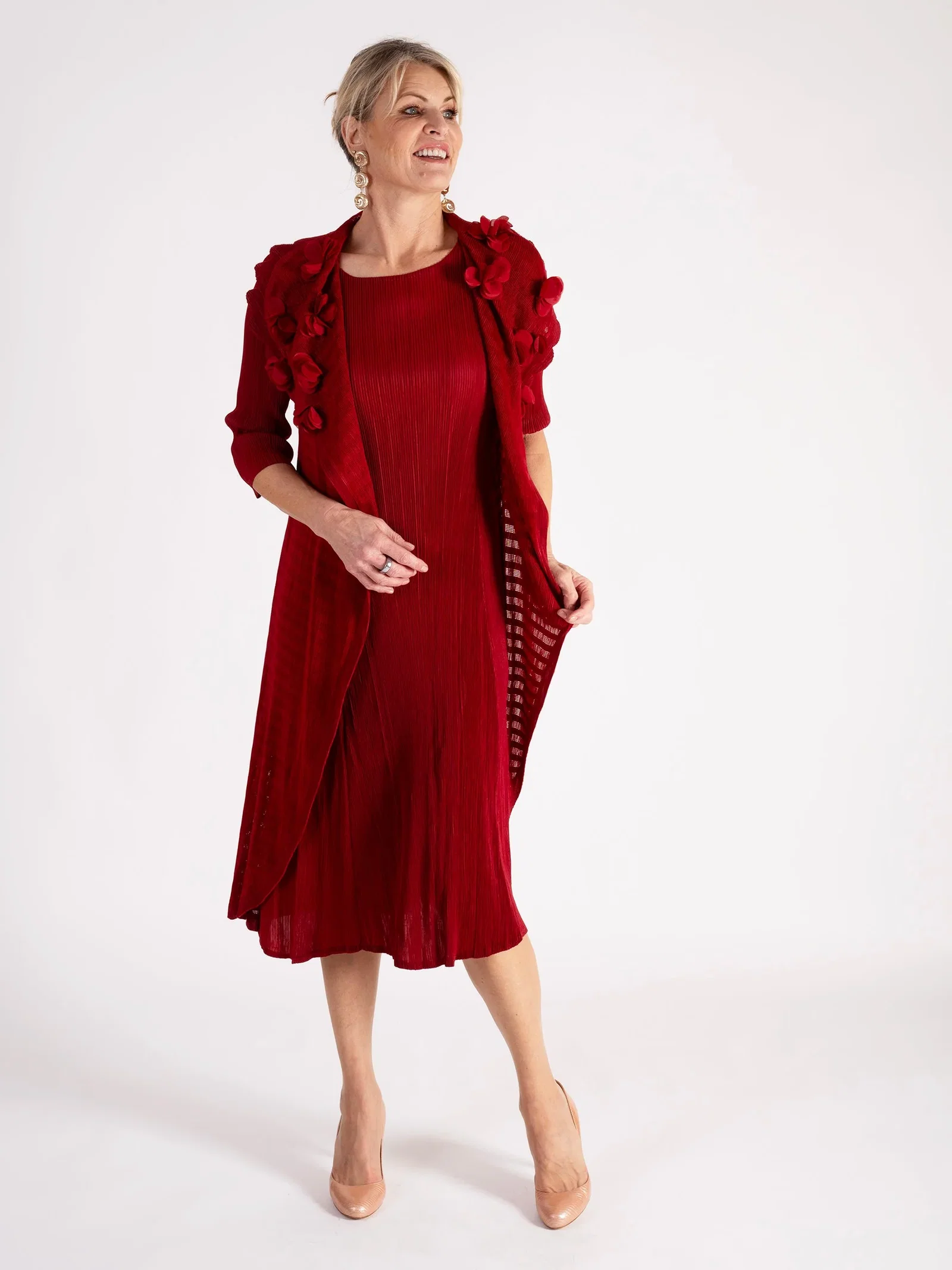 Image of A Rouge Pleated Dress With Applique Chiffon Flower Detail