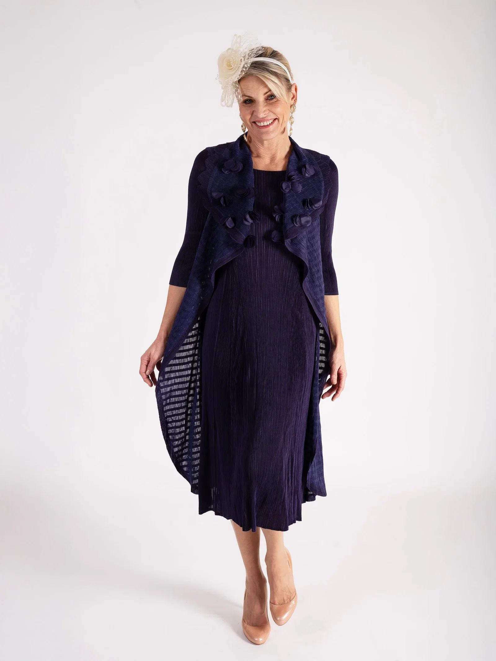 Image of A Grape Pleated Dress With Applique Chiffon Flower Detail
