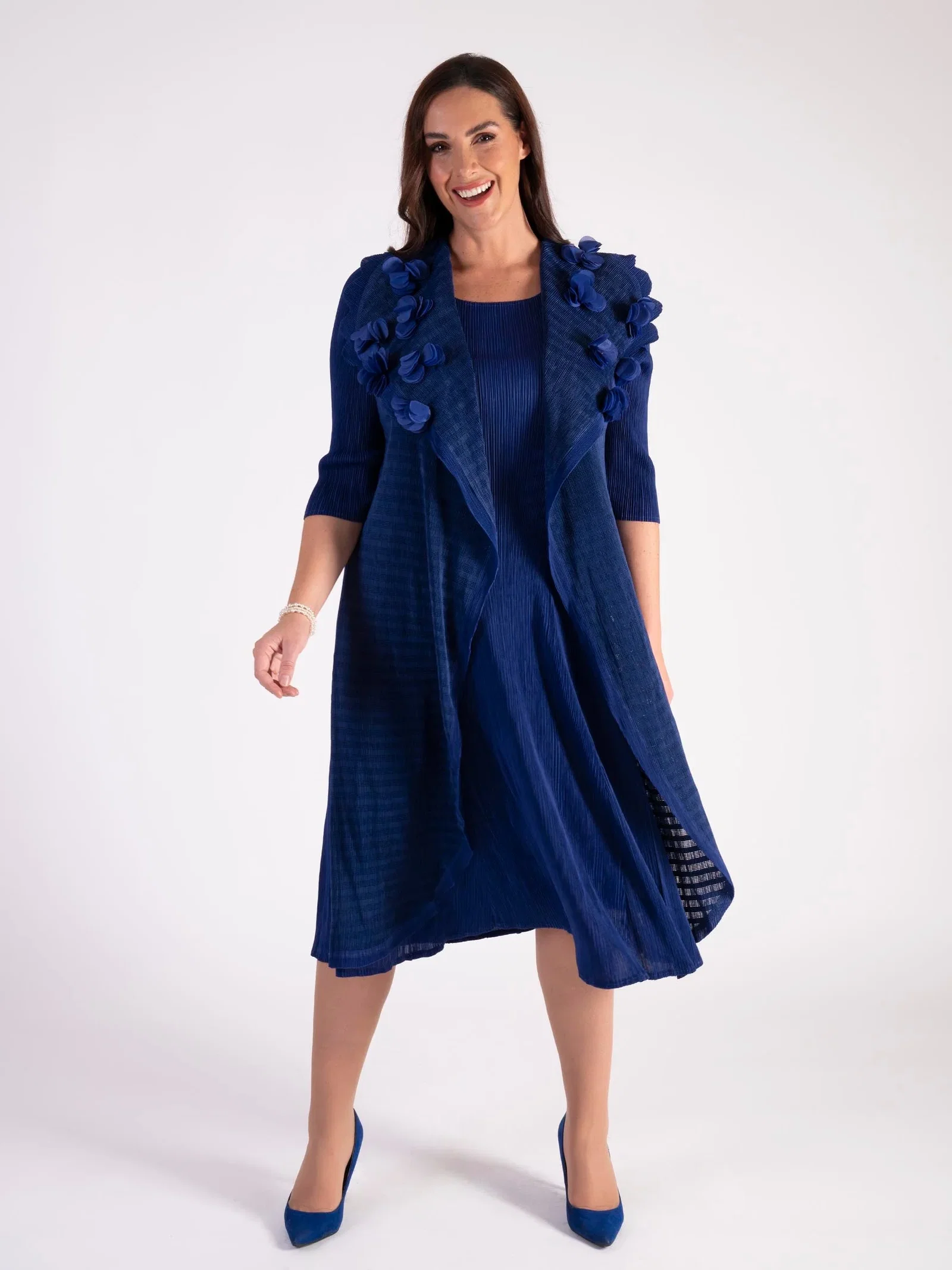 Image of Royal Blue Pleated Dress With Chiffon Flower Details