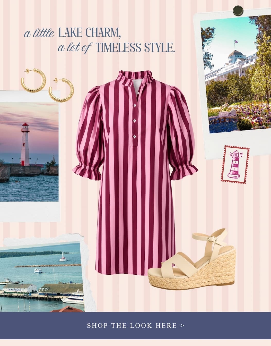 A little lake charm, a lot of timeless style. Cutout of a red and pink striped mini dress. Shop the Look Here.