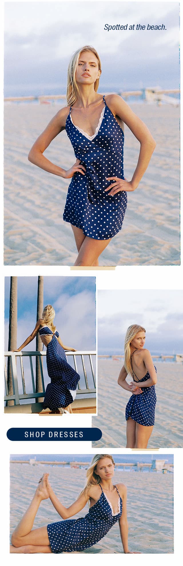 Collage of blonde model wearing a navy polka dot dress on the beach. Shop dresses. 
