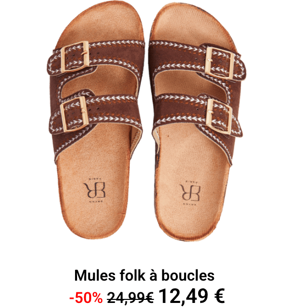 Mules folk à boucles, semelle type liège Marron
