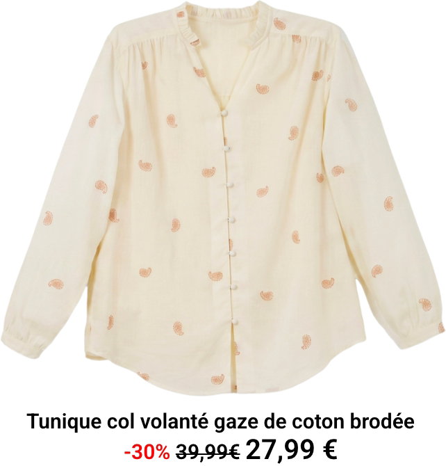 Tunique col volanté gaze de coton brodée Ecru et beige