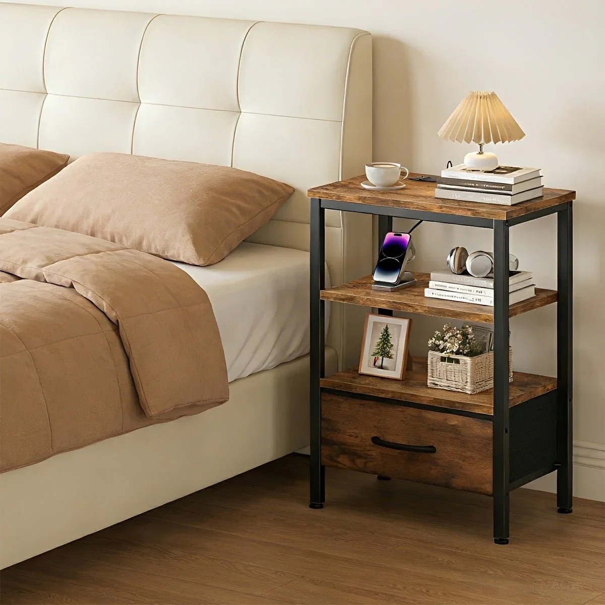 Image of 3-Tier Bedside Table Nightstand with Charging Station