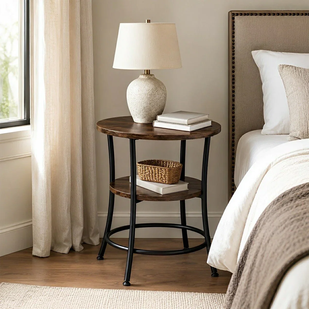 Image of Round Side Table with Storage Shelf 2-Tier Nightstand