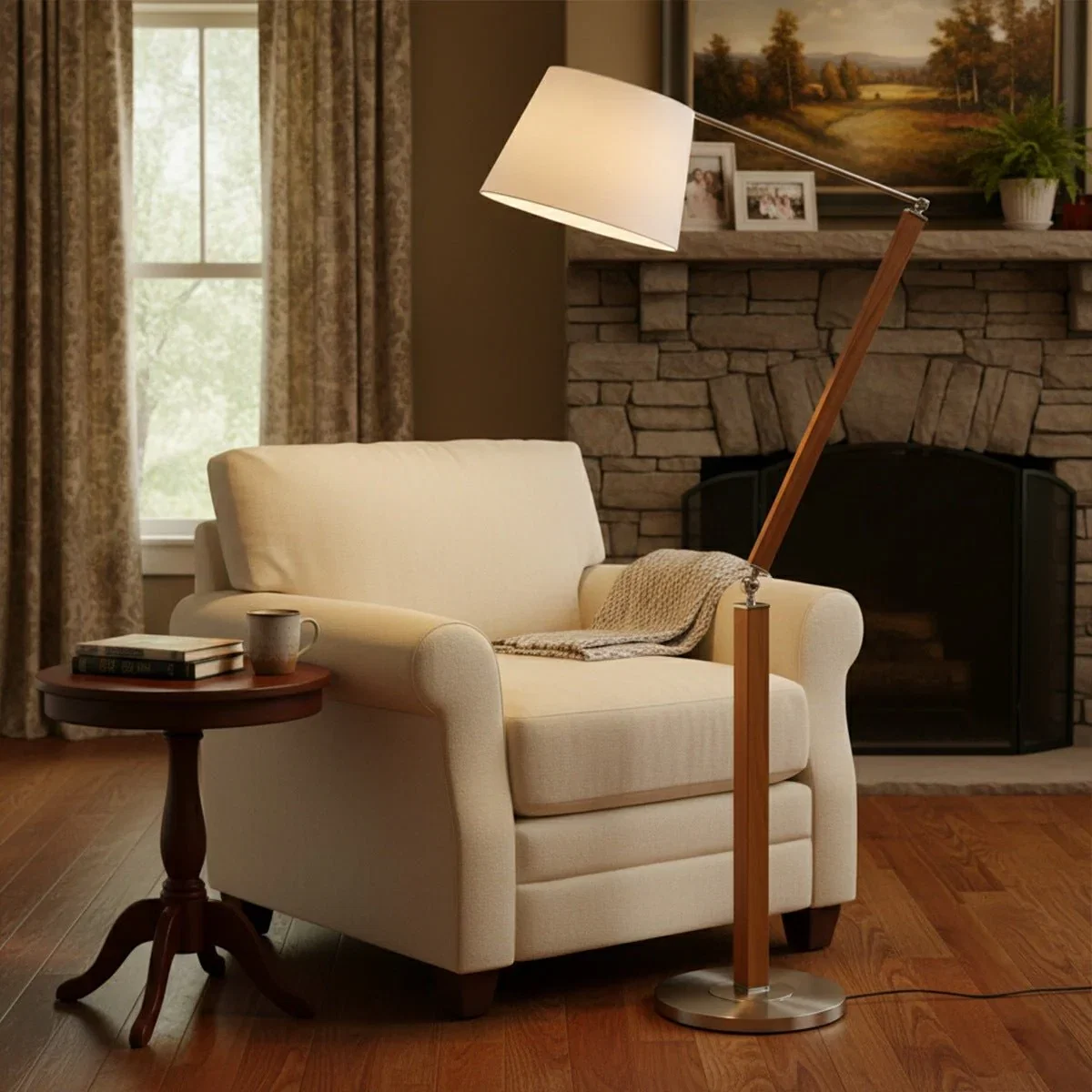 Image of Vintage Wood White Lampshade Swing Arm Floor Lamp