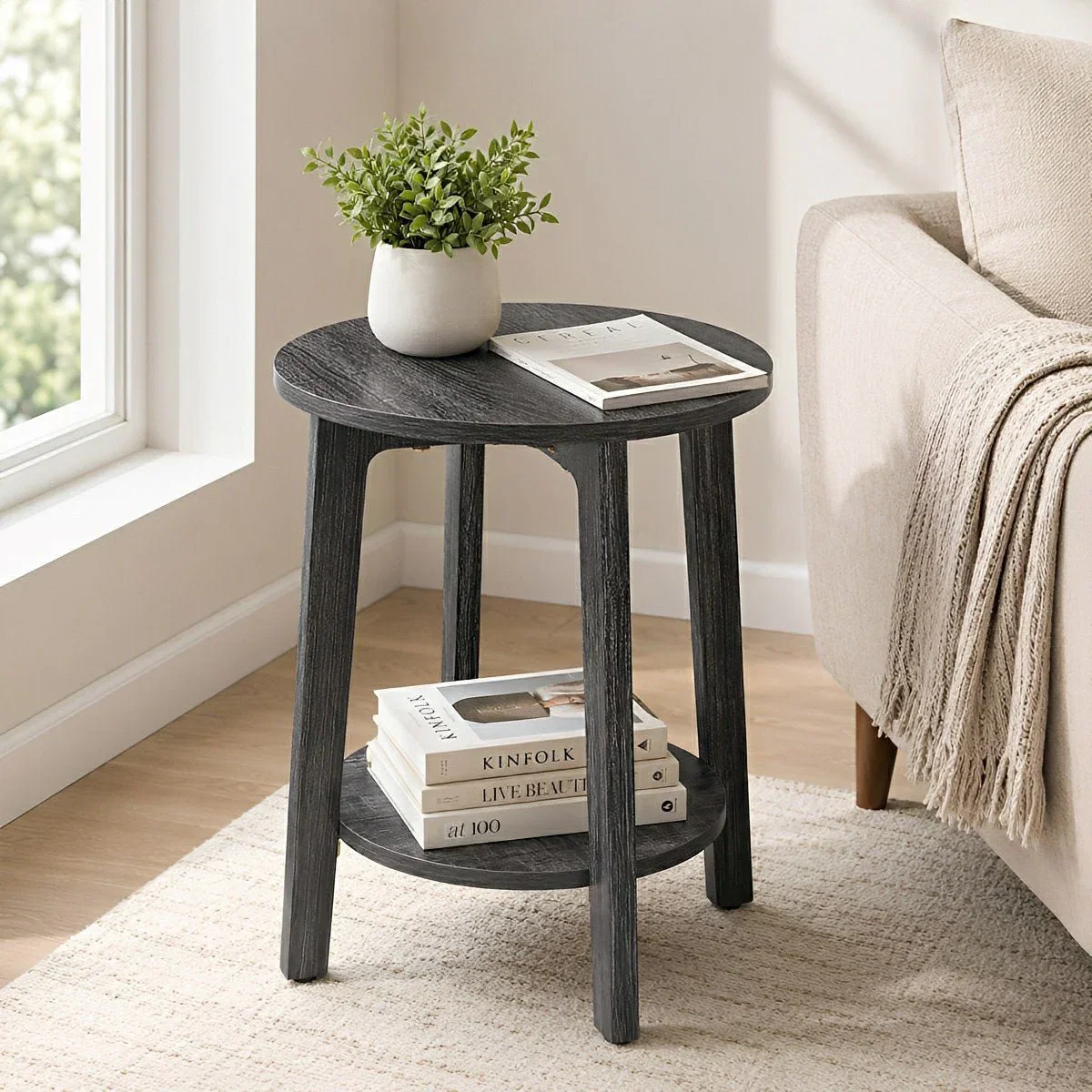 Image of Small Round Wooden Side Table – Double Layer Shelves