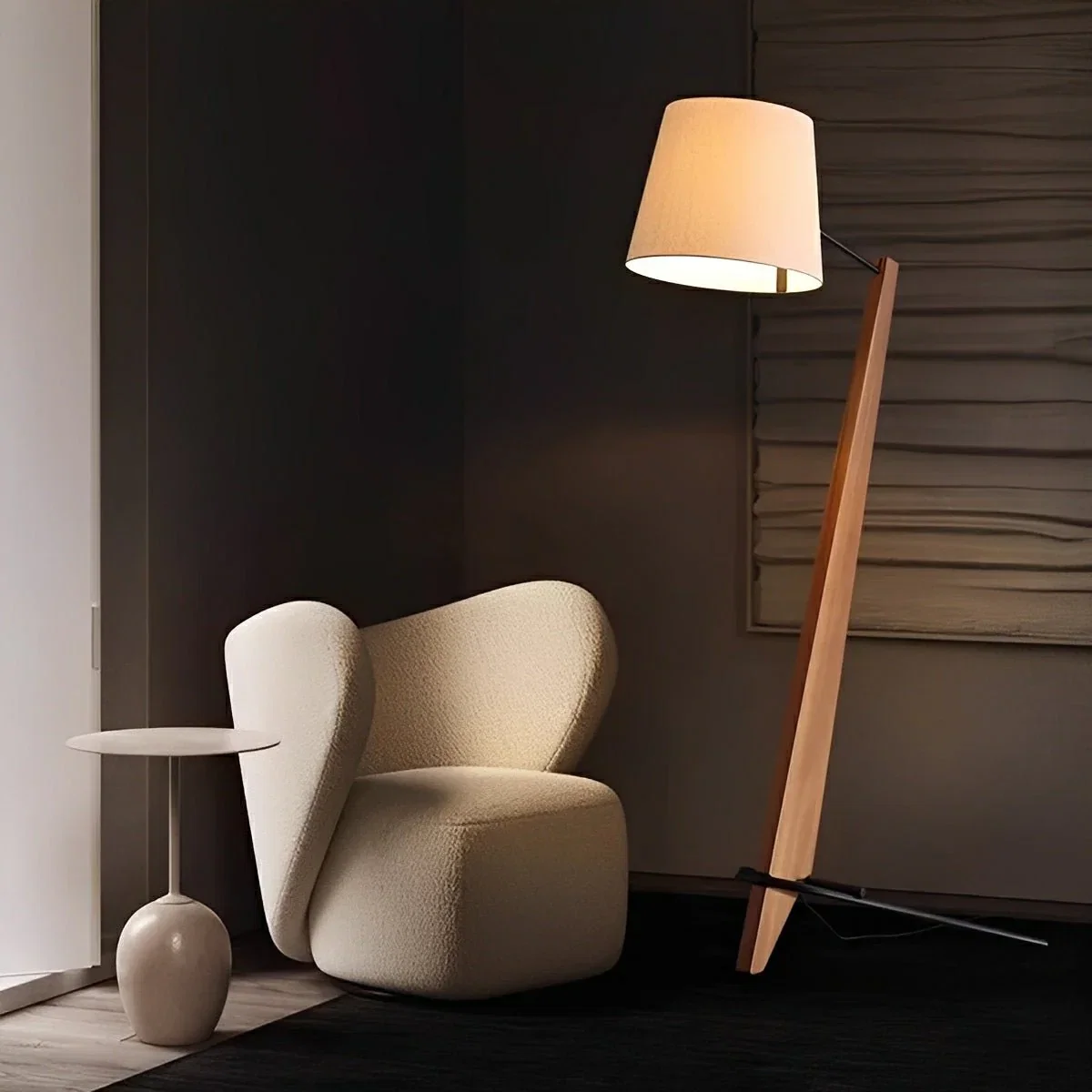 Image of Modern Tilt Wood Fabric Drum Shade Floor Lamp
