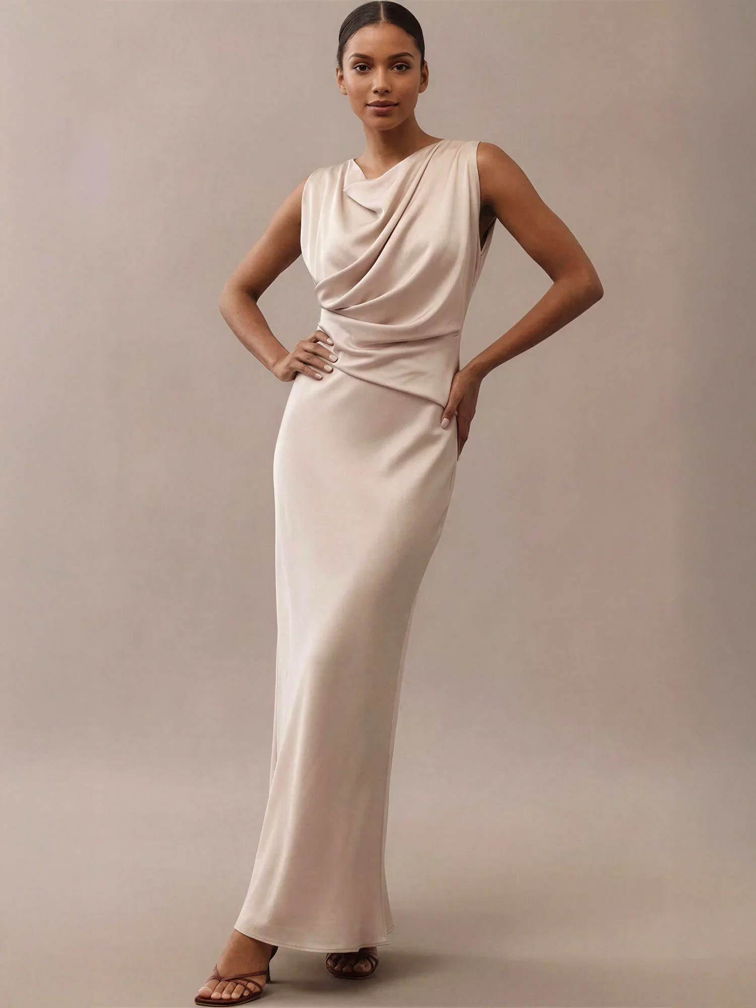 Image of Sleeveless Satin Cowl Neck Side Ruched Maxi Dress