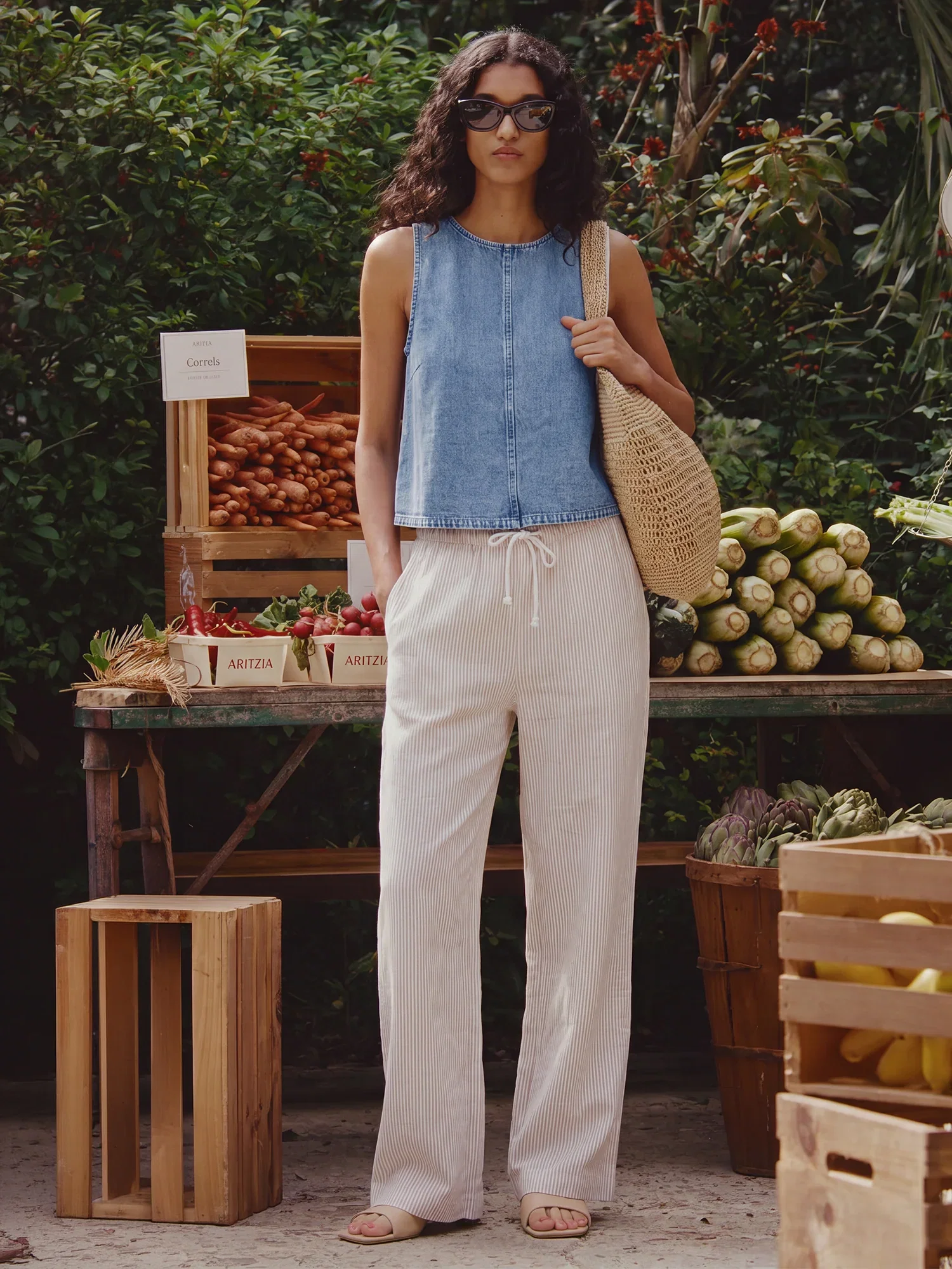 Image of Tie Waist Stripe Linen Blend Straight Leg Pants