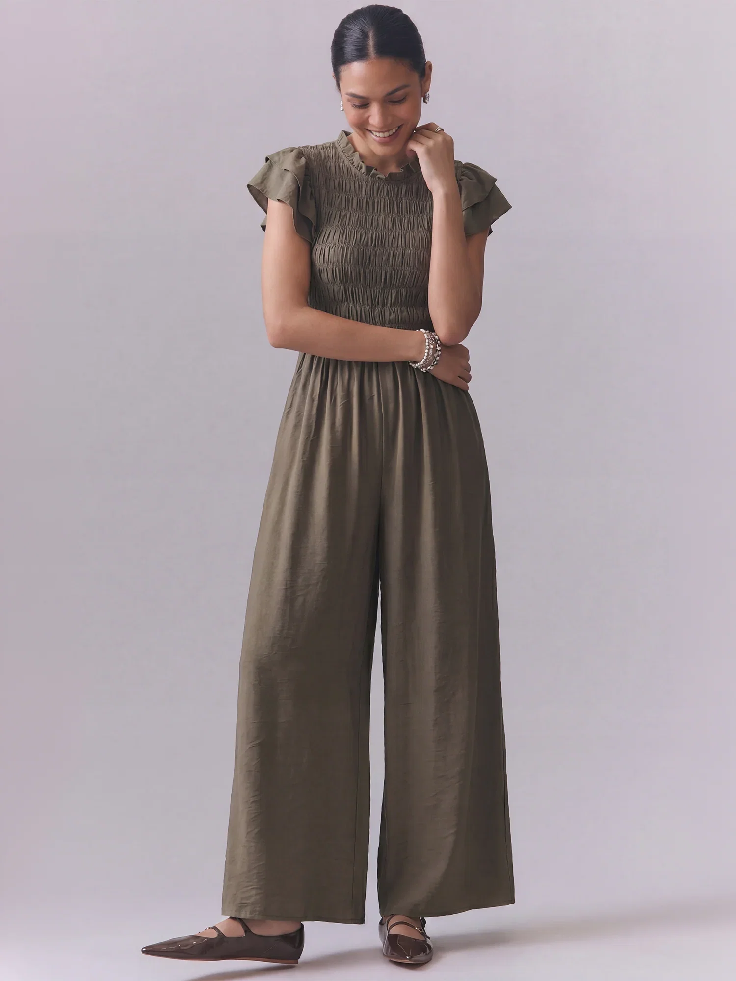 Image of Smocked Bodice Ruffle Sleeve Jumpsuit