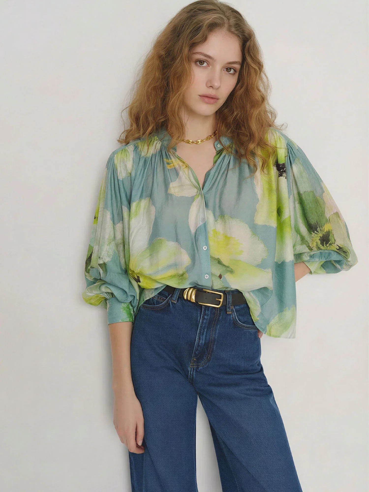 Image of Floral Sheer Ruffled Collar Tie Front Blouse