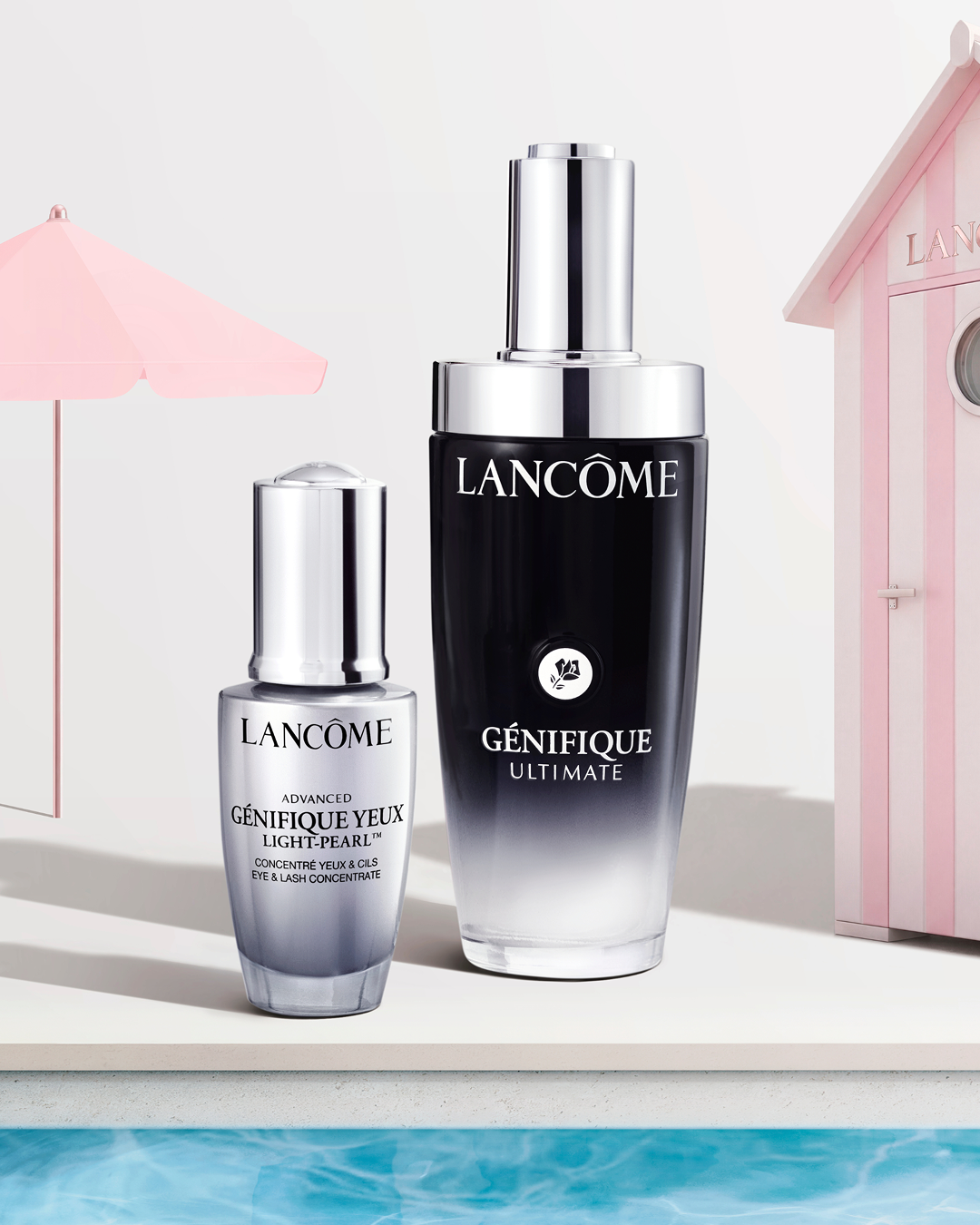 Sieri Lancôme Génifique Yeux e Ultimate con sfondo estivo, cabina e ombrellone rosa a bordo piscina