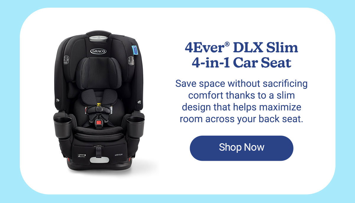 4Ever DLX Slim 4-in-1 car seat with descriptive text and a Shop Now button on a blue background.