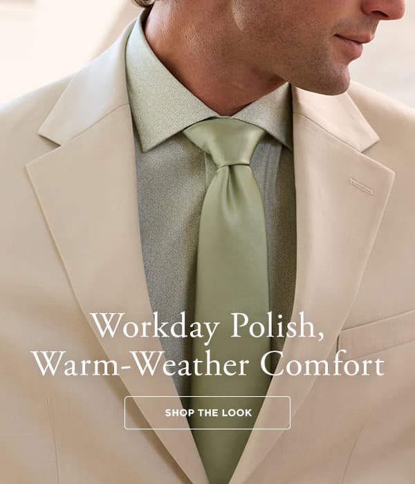 Man posing in a tan suit, button on the image says "shop the look"