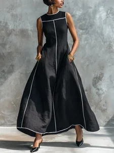 Image of Cotton And Linen Casual Color Block Webbing Crew Neck Maxi Dress