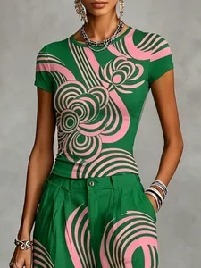 Image of Casual Geometric Floral Color Block Printing T-shirt