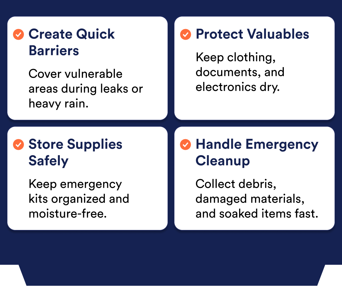 Tips for emergency preparedness: quick barriers, protect valuables, store supplies safely, handle cleanup.