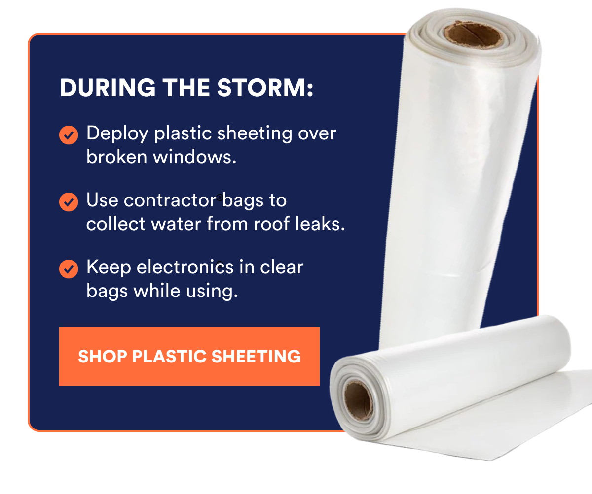 Plastic sheeting roll with tips for storm preparation and water collection.