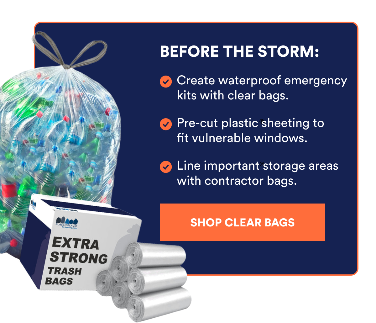 A bag of trash and a box of extra strong trash bags with tips for storm preparation.