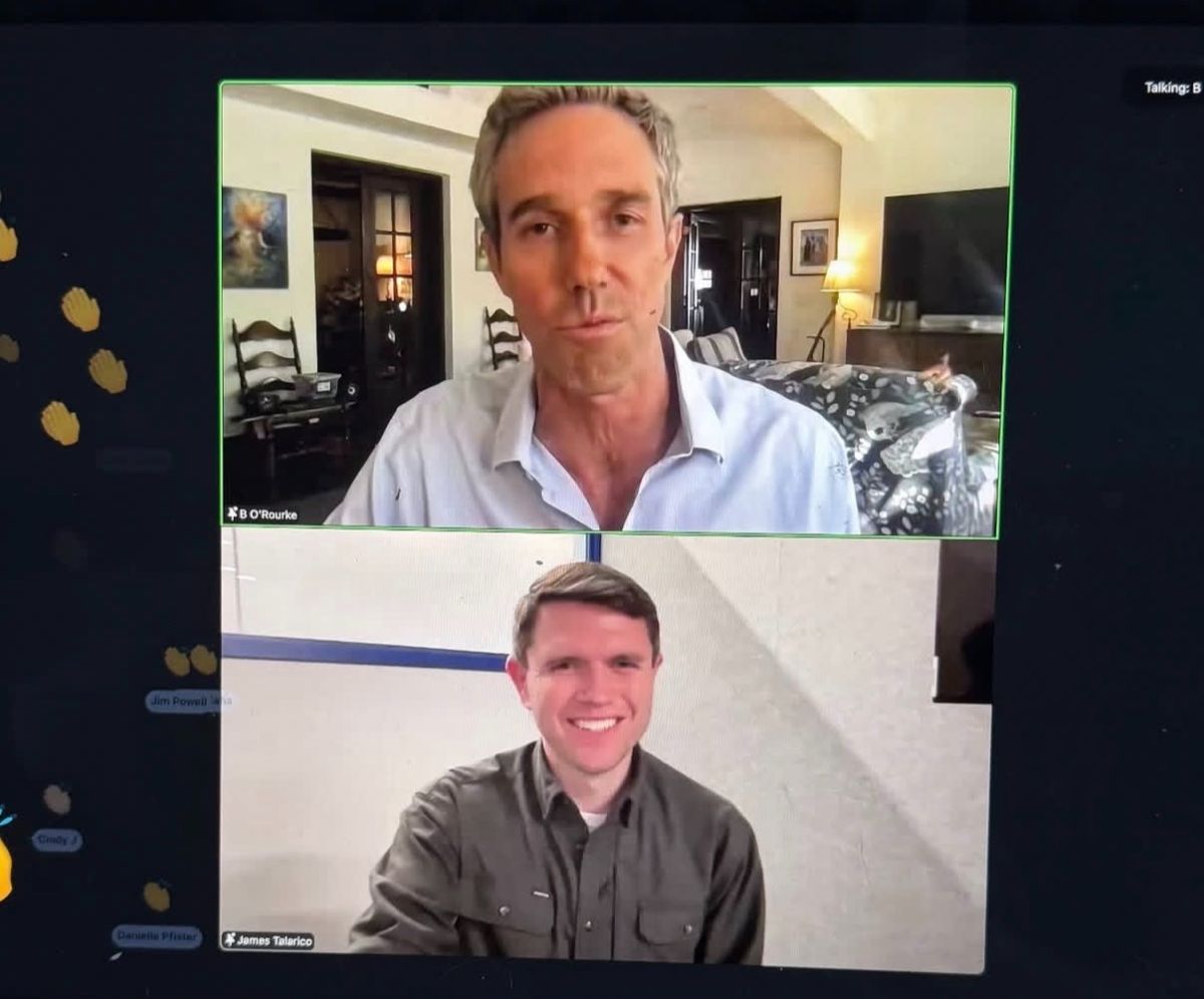 Screenshot of Beto O'Rourke and James Talarico on a virtual call, Beto's screen on top and James's screen on the bottom