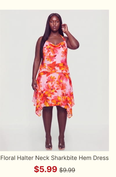 Shop Plus Size Floral Cowl Halter Neck Sharkbite Hem Dress