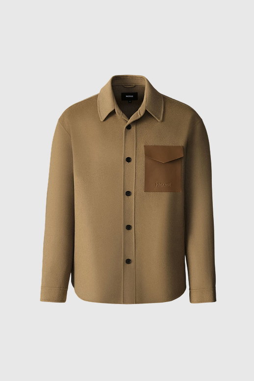 EMMANUEL Double-face wool overshirt with leather patch pocket
