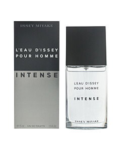 Portrait product photo of Issey Miyake Pour Homme Intense fragrance bottle beside its black and silver retail box on a white background