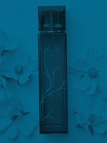 Portrait fragrance image with an elegant blue perfume bottle framed by soft blue flowers, creating a fresh and modern scent mood