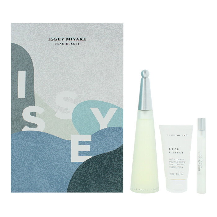 Square product photo of the Issey Miyake L'Eau d'Issey 3 piece gift set on a white background with gift box, Eau de Toilette bottle, body lotion, and travel spray