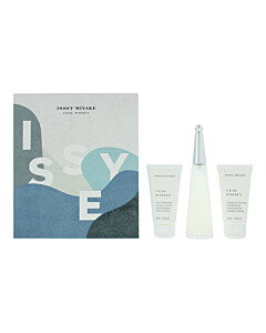Portrait product photo of the Issey Miyake L'Eau d'Issey gift set with blue branded box and three fragrance items on a white background