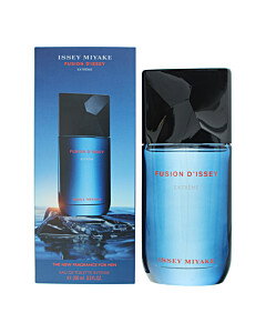 Portrait product photo of Issey Miyake Fusion D'Issey fragrance bottle beside its dramatic dark retail box on a white background