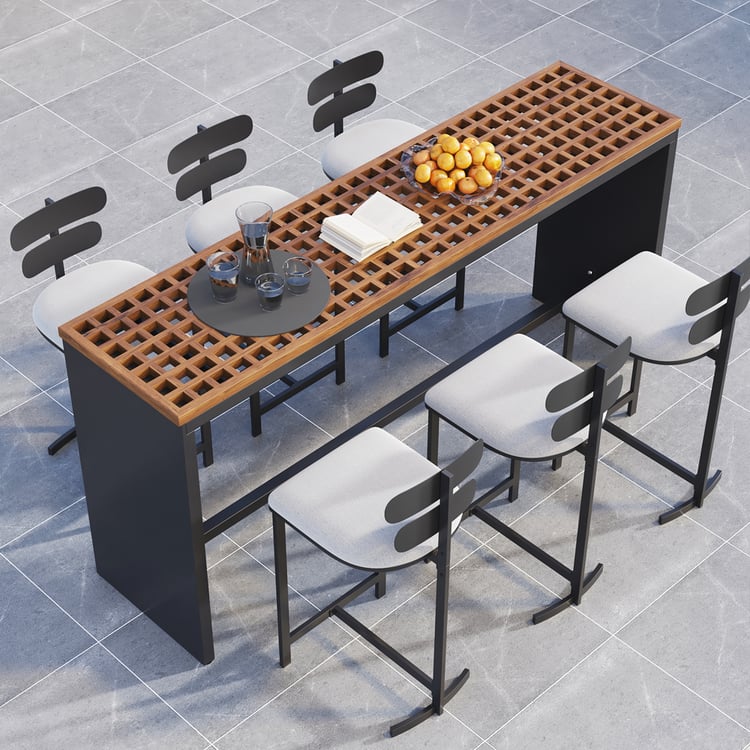Grida 7-Piece Outdoor Teak & Aluminum Bar Dining Set with 6 Bar Stools